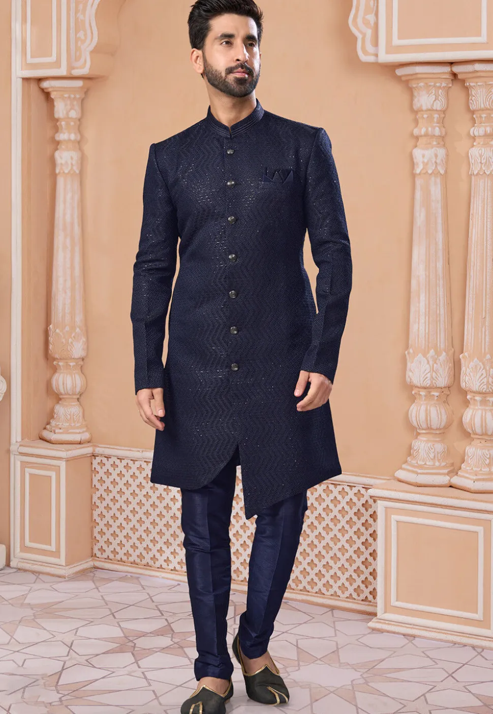 Embroidered Art Silk Sherwani in Navy Blue