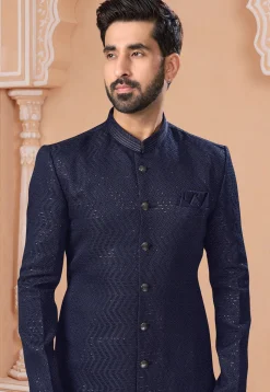 Embroidered Art Silk Sherwani in Navy Blue