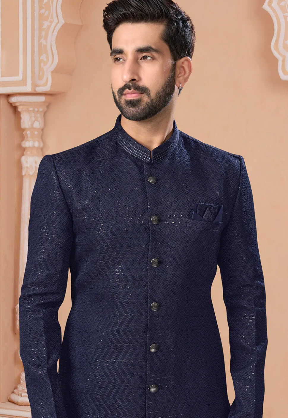 Embroidered Art Silk Sherwani in Navy Blue