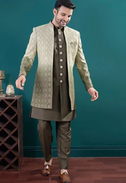Embroidered Art Silk Sherwani in Olive Green