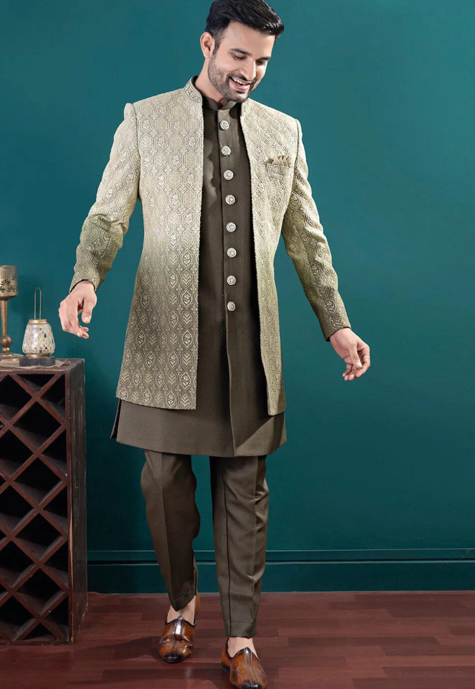 Embroidered Art Silk Sherwani in Olive Green