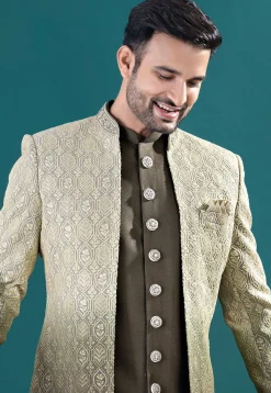 Embroidered Art Silk Sherwani in Olive Green
