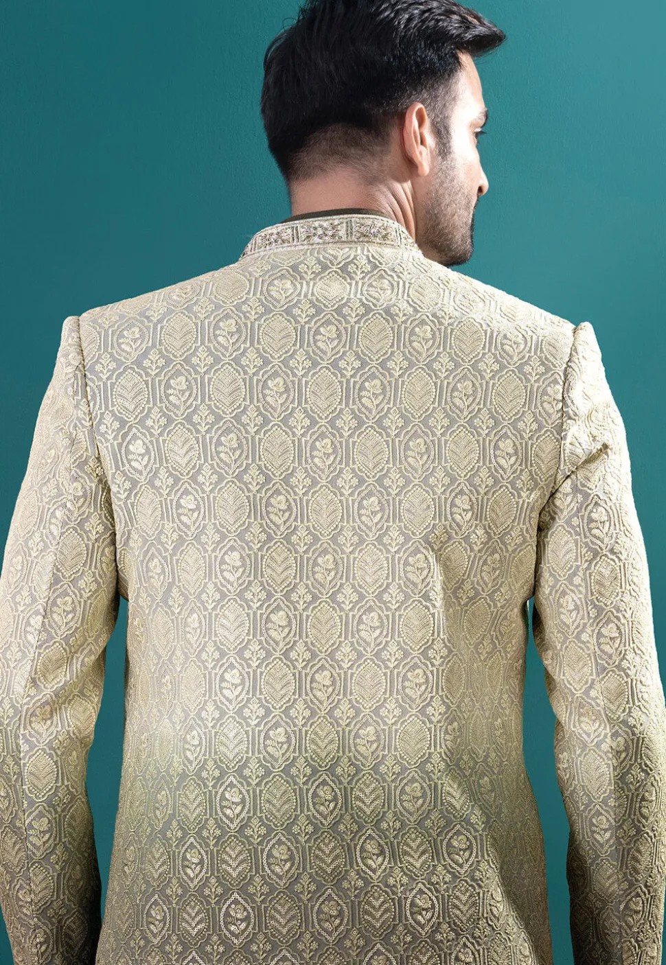 Embroidered Art Silk Sherwani in Olive Green