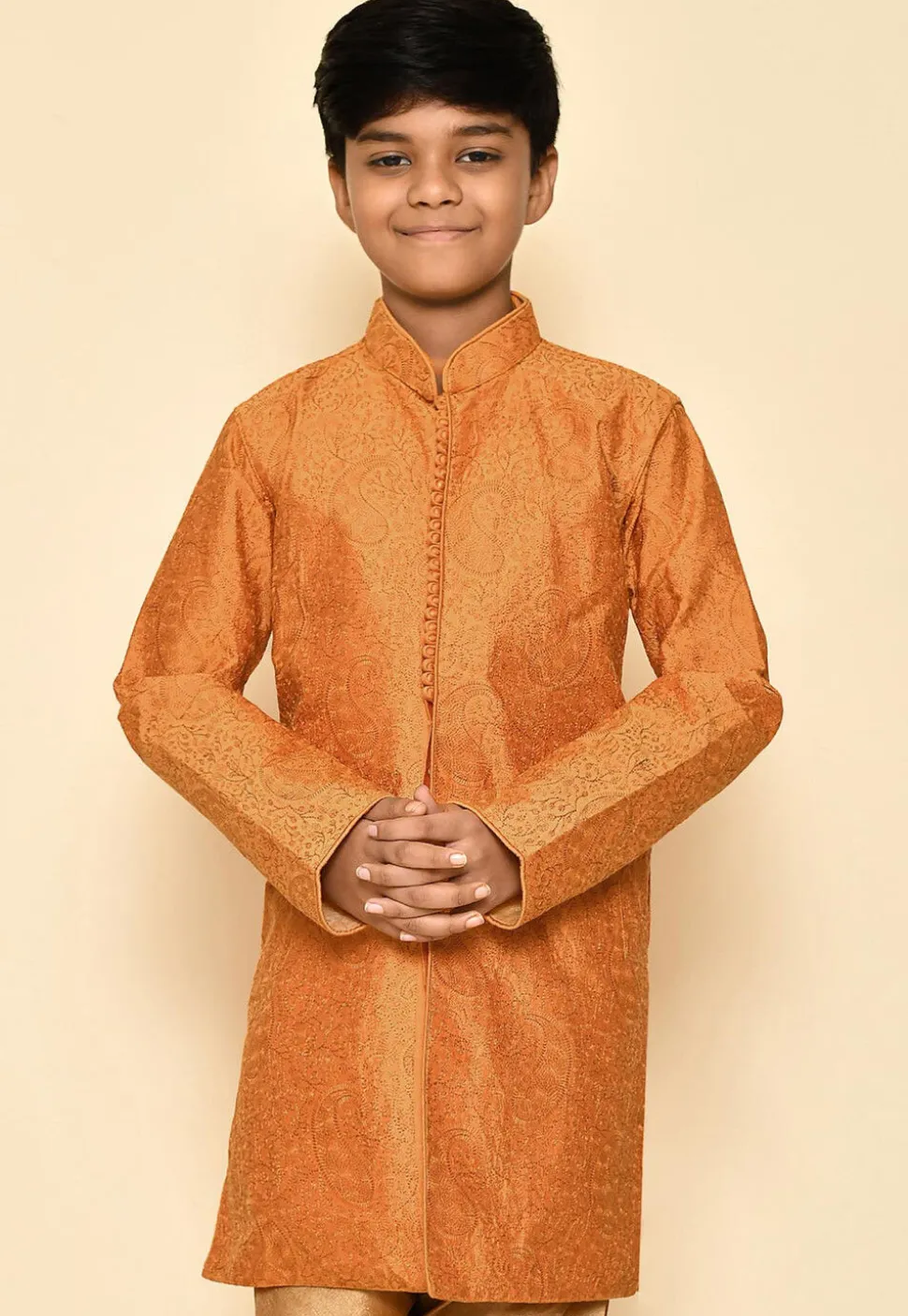 Embroidered Art Silk Sherwani Set in Mustard