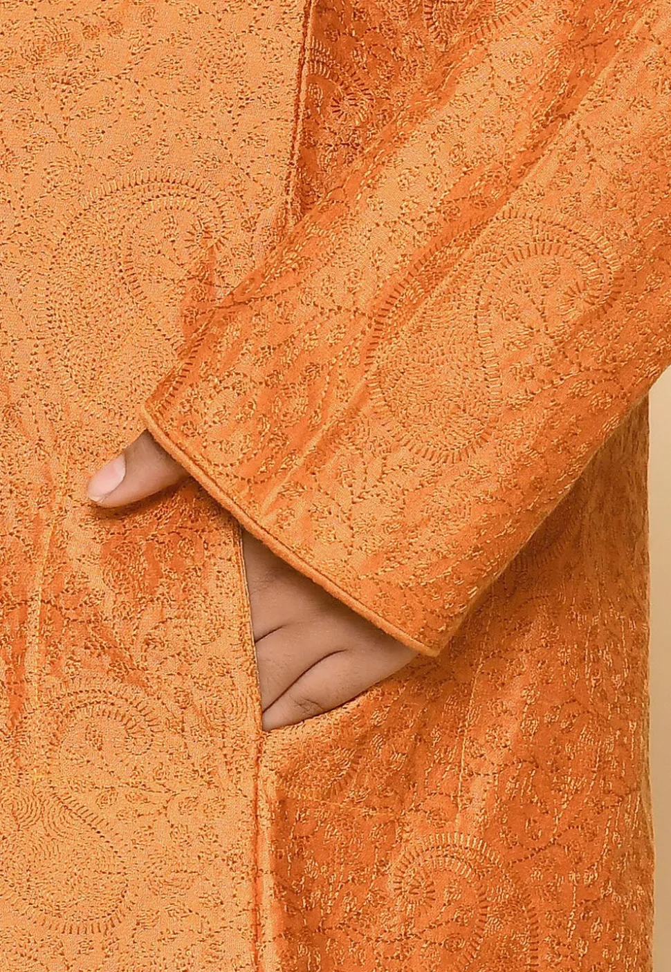 Embroidered Art Silk Sherwani Set in Mustard
