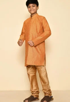 Embroidered Art Silk Sherwani Set in Mustard