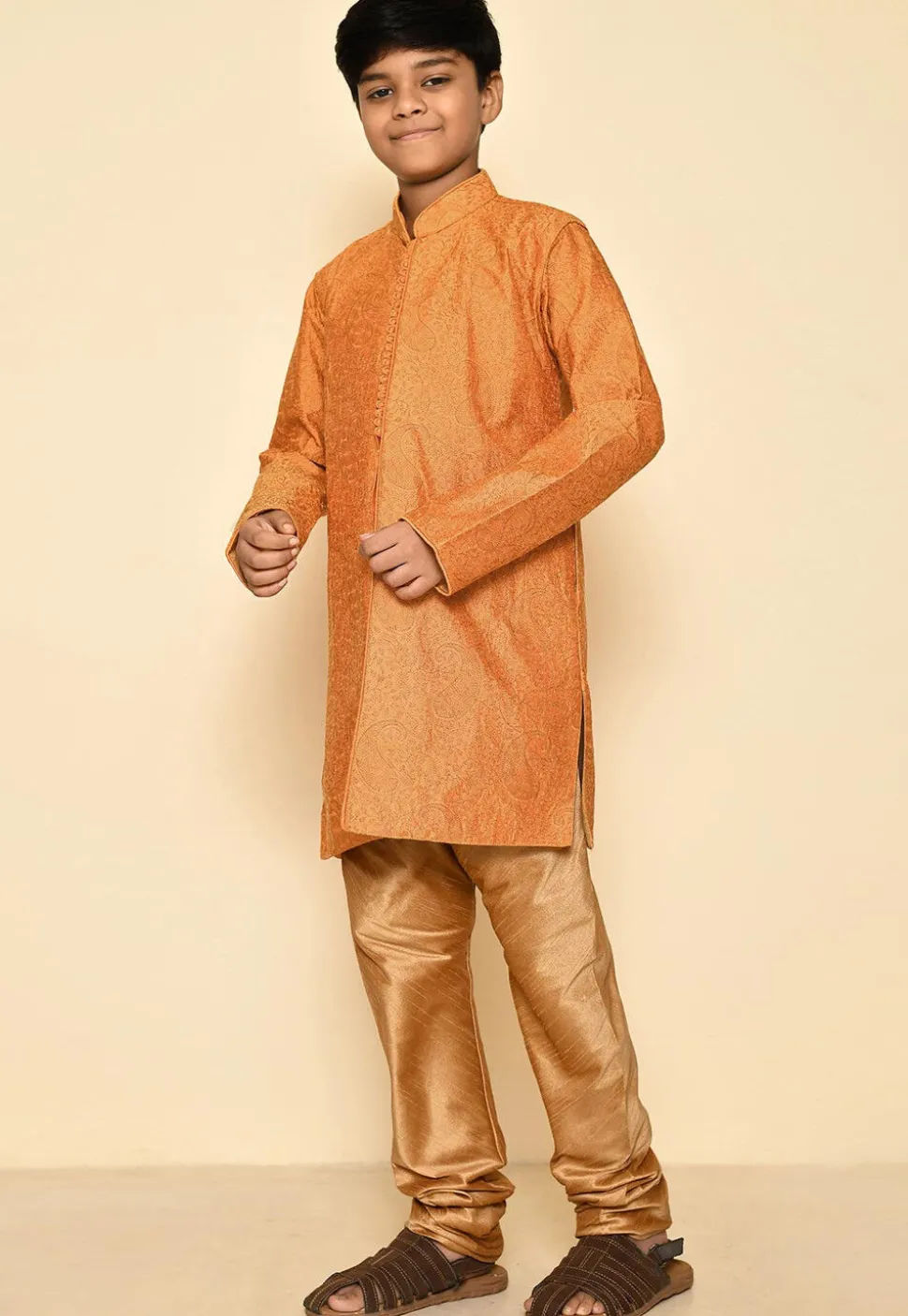 Embroidered Art Silk Sherwani Set in Mustard