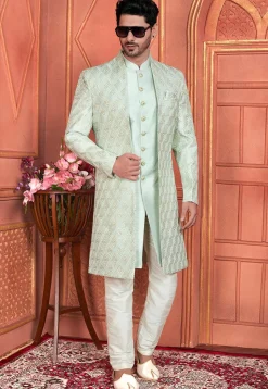 Embroidered Art Silk Sherwani in Sea Green