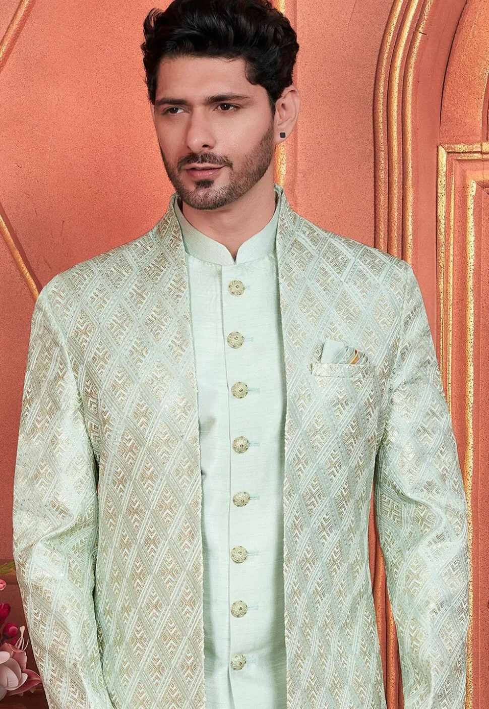 Embroidered Art Silk Sherwani in Sea Green