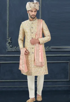 Embroidered Art Silk Sherwani in Dusty Green
