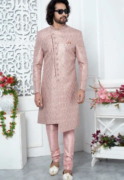 Embroidered Art Silk Sherwani in Old Rose