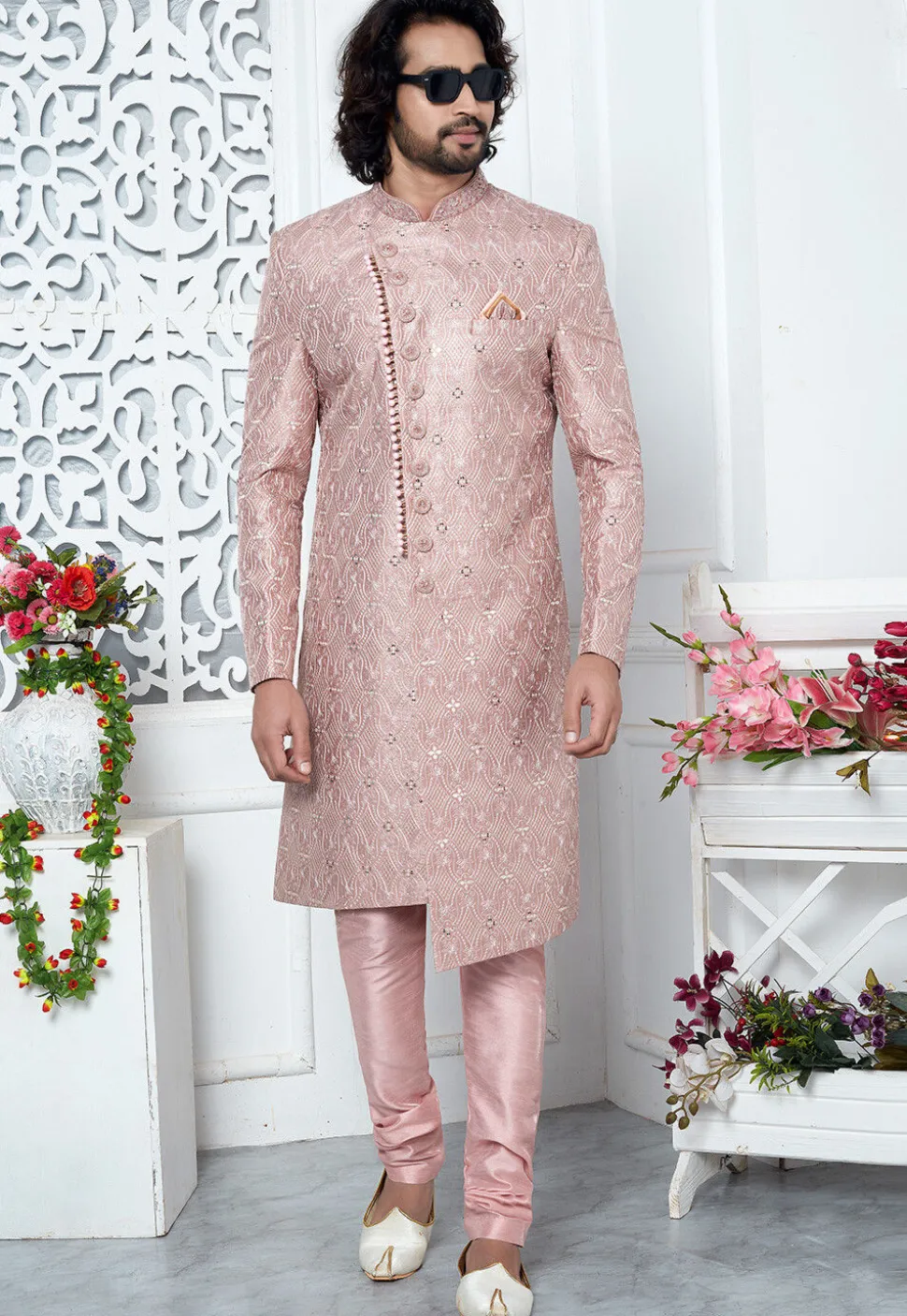 Embroidered Art Silk Sherwani in Old Rose