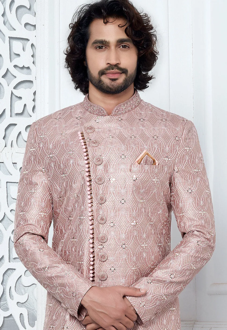 Embroidered Art Silk Sherwani in Old Rose
