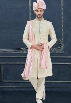 Embroidered Art Silk Sherwani in Cream
