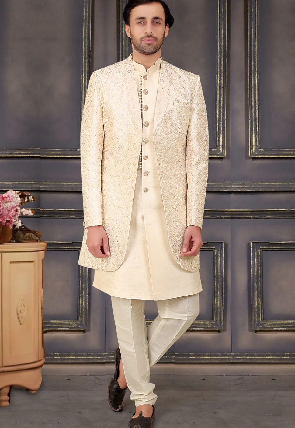 Embroidered Art Silk Sherwani in Cream