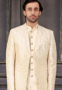 Embroidered Art Silk Sherwani in Cream