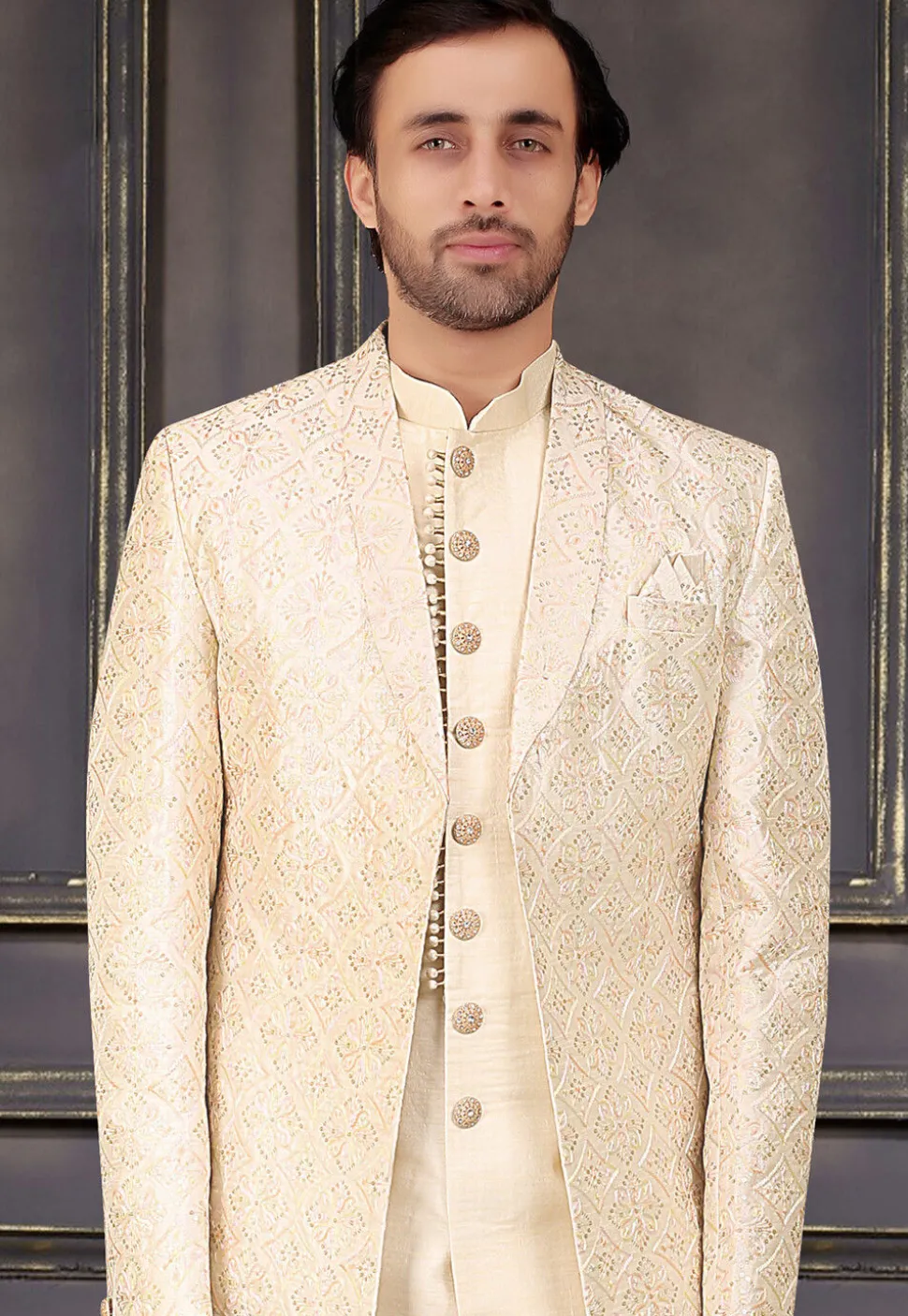 Embroidered Art Silk Sherwani in Cream