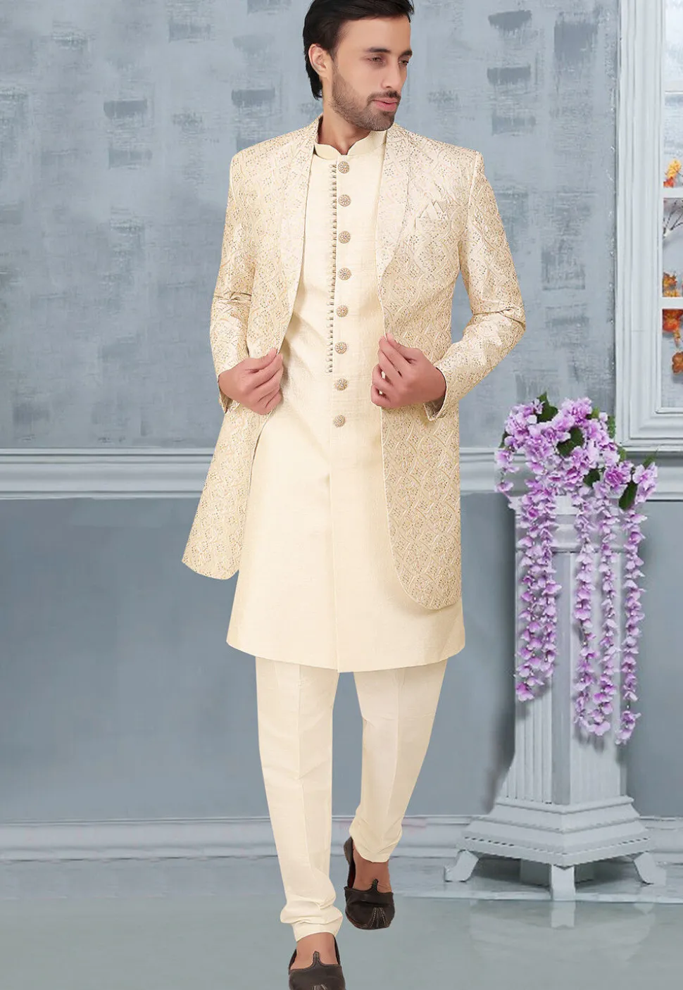 Embroidered Art Silk Sherwani in Cream