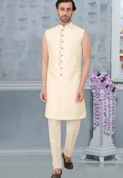 Embroidered Art Silk Sherwani in Cream