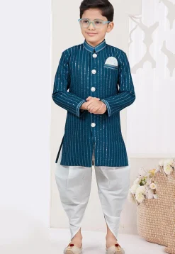 Embroidered Art Silk Sherwani in Teal Blue