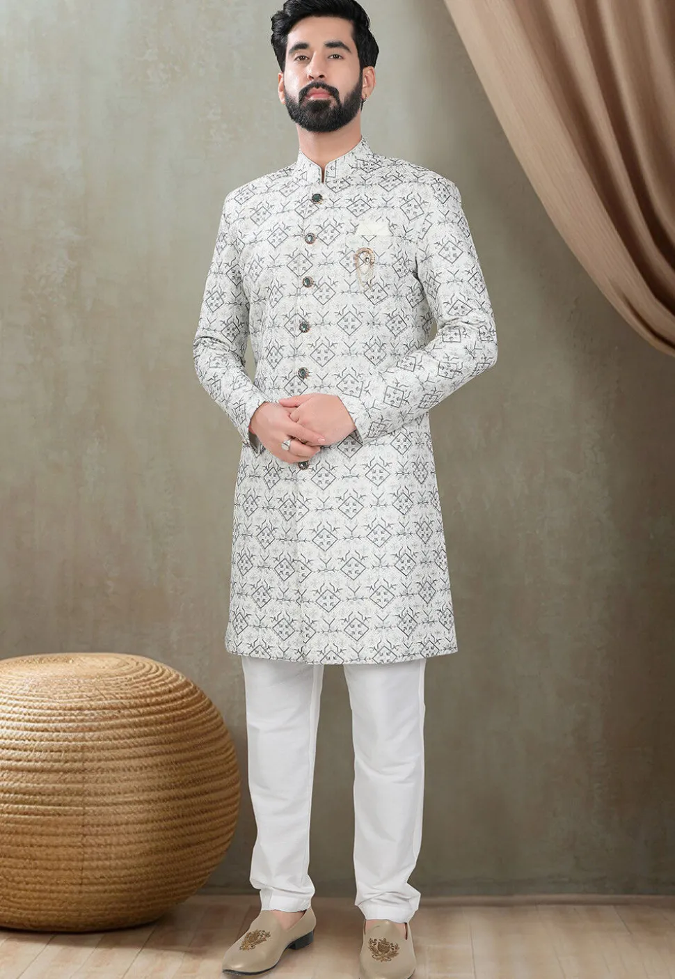 Embroidered Art Silk Sherwani in Off White