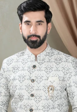 Embroidered Art Silk Sherwani in Off White