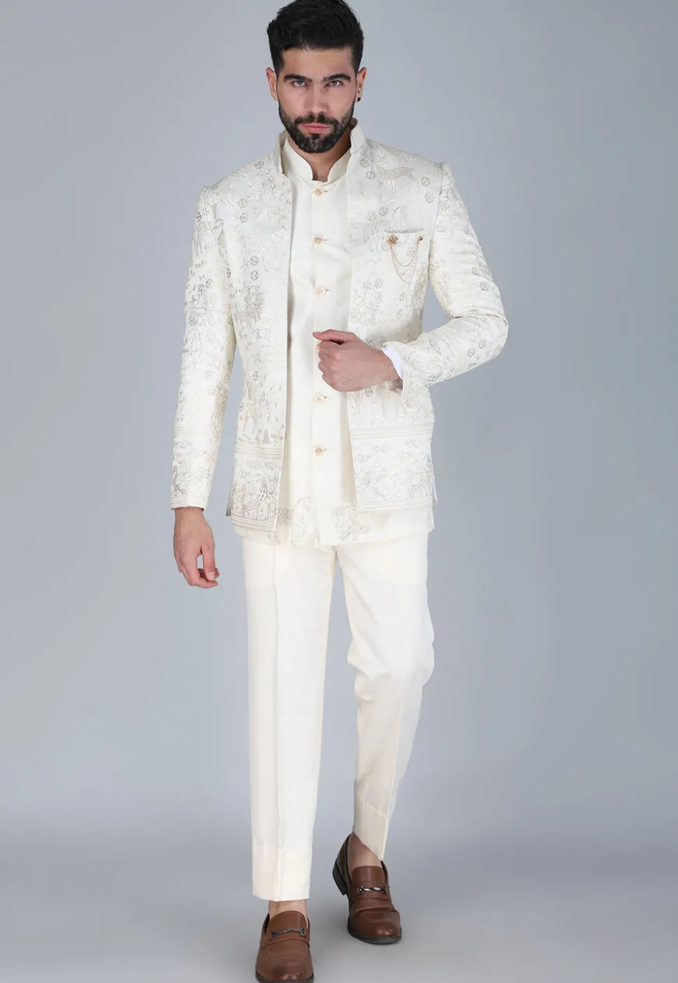 Embroidered Art Silk Sherwani in Off White