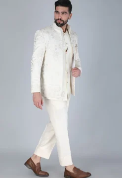 Embroidered Art Silk Sherwani in Off White