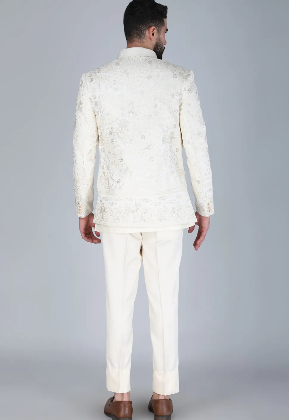 Embroidered Art Silk Sherwani in Off White