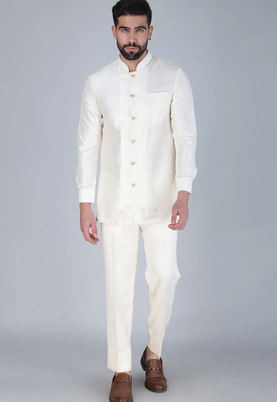 Embroidered Art Silk Sherwani in Off White