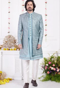 Embroidered Art Silk Sherwani in Blue