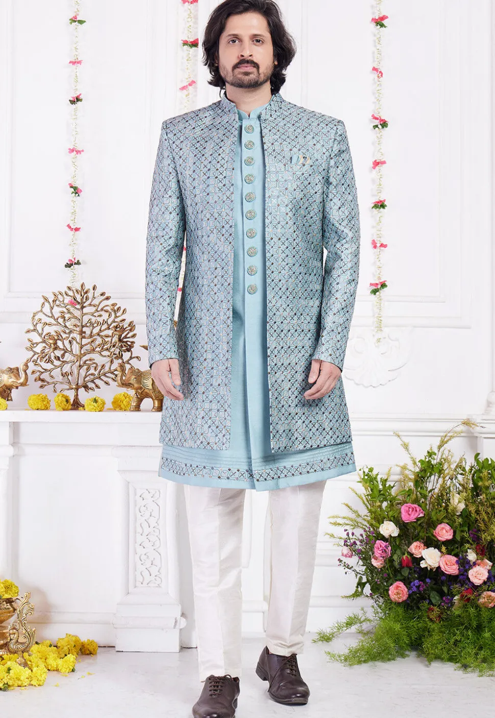 Embroidered Art Silk Sherwani in Blue