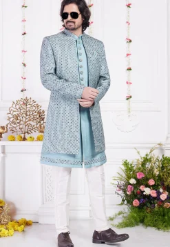 Embroidered Art Silk Sherwani in Blue