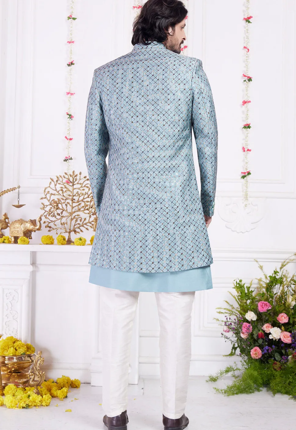 Embroidered Art Silk Sherwani in Blue