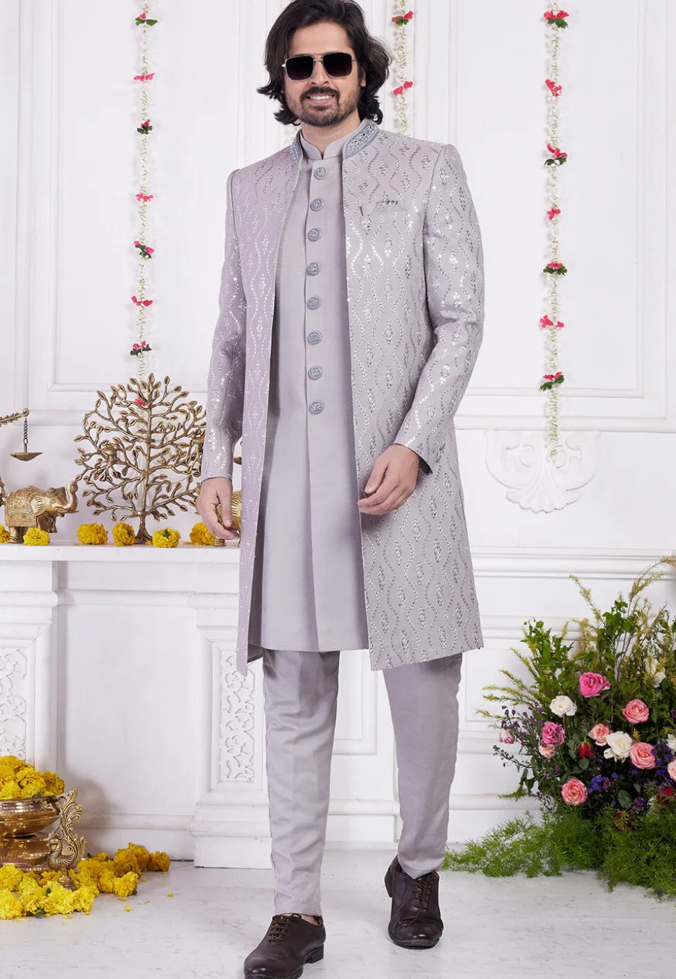 Embroidered Art Silk Sherwani in Grey
