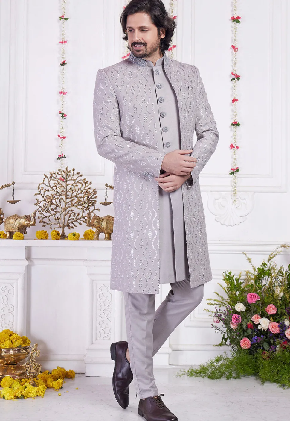 Embroidered Art Silk Sherwani in Grey