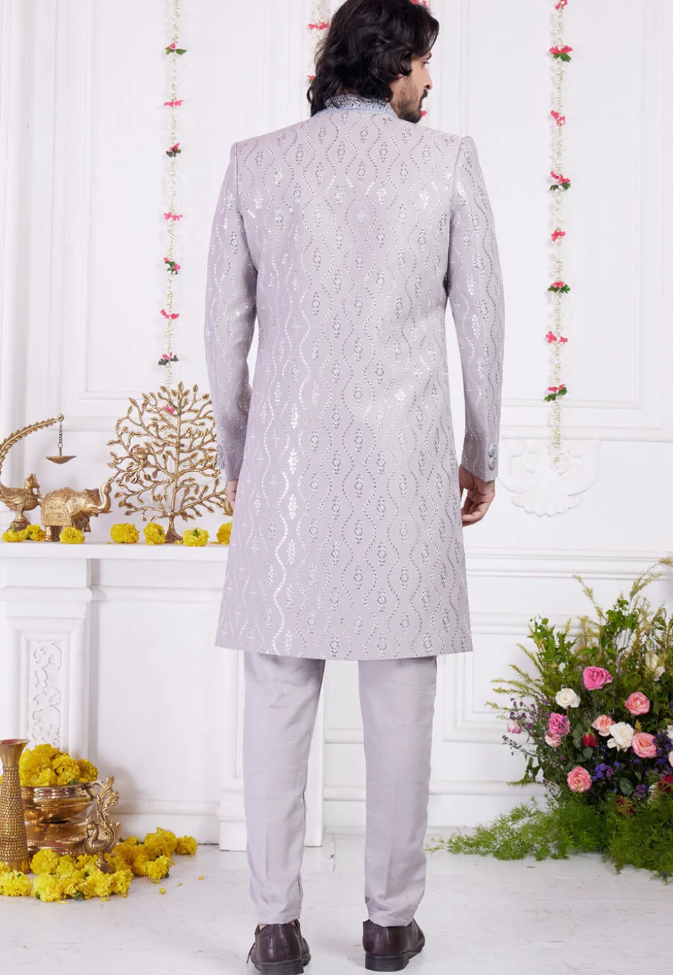 Embroidered Art Silk Sherwani in Grey