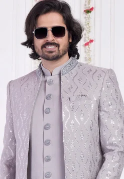 Embroidered Art Silk Sherwani in Grey