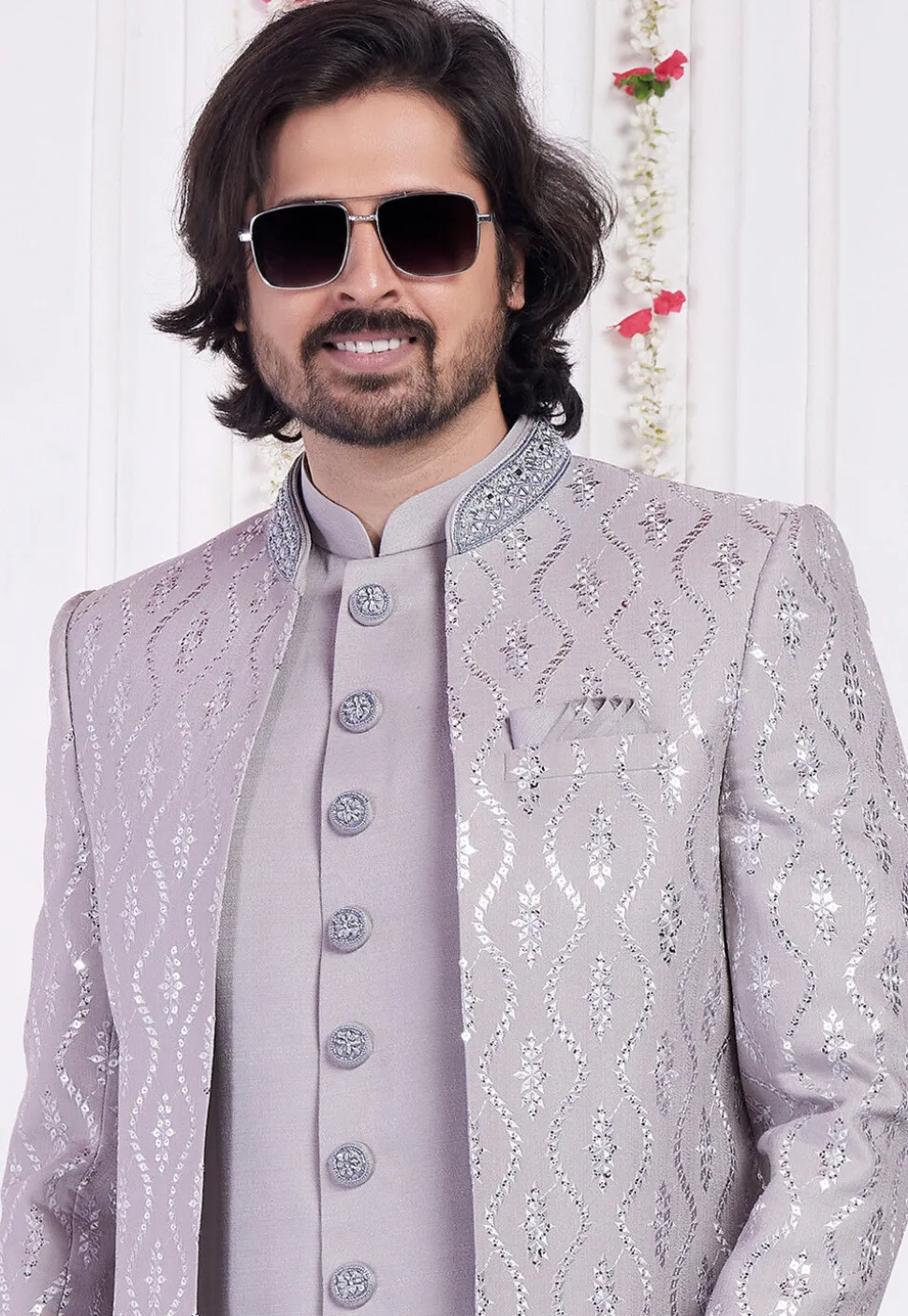 Embroidered Art Silk Sherwani in Grey