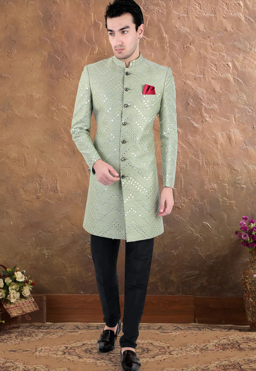 Embroidered Art Silk Sherwani in Light Green