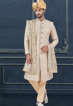 Embroidered Art Silk Sherwani in Off White