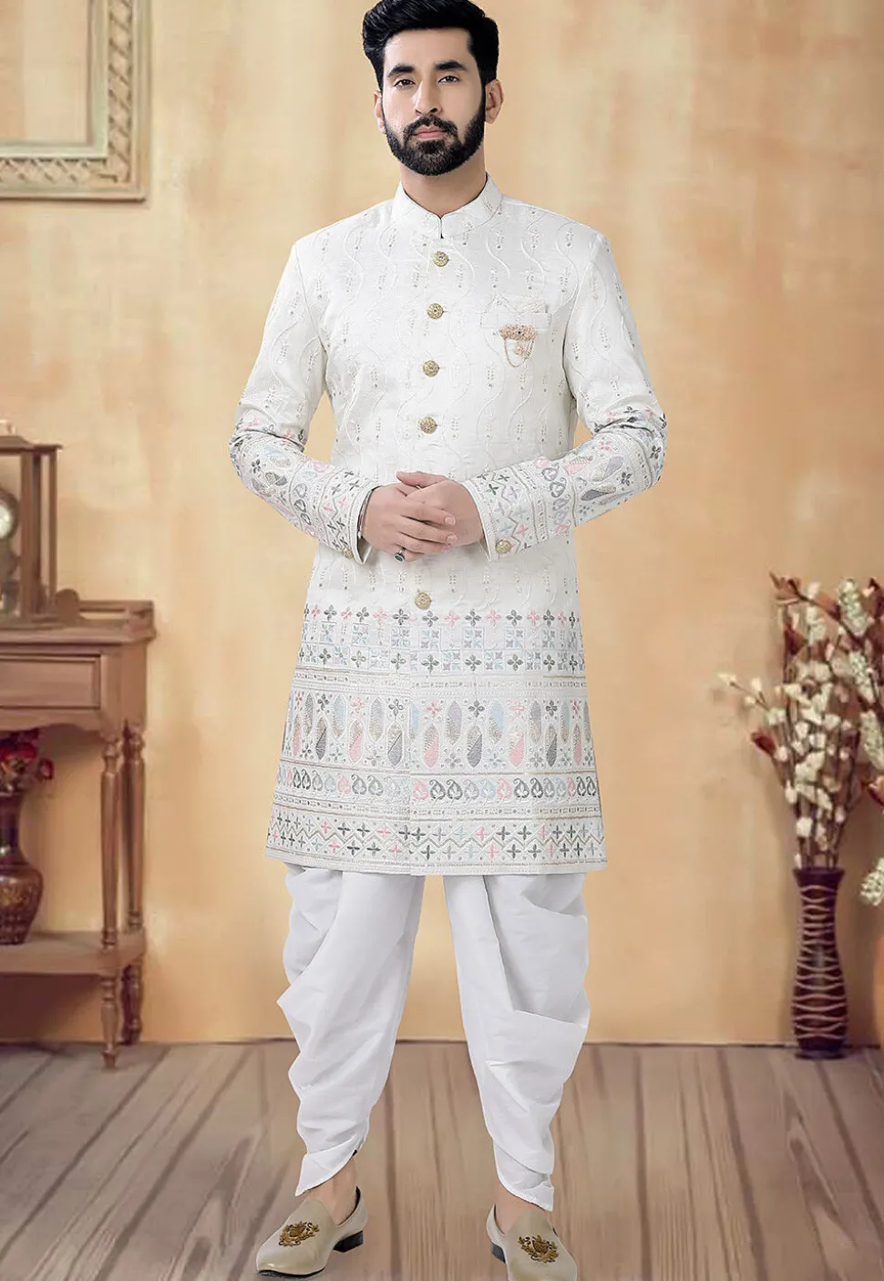 Embroidered Art Silk Sherwani in Cream