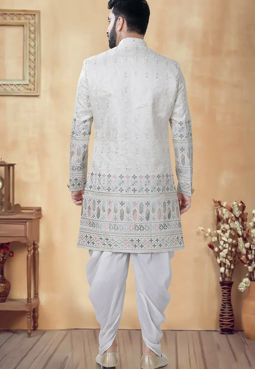 Embroidered Art Silk Sherwani in Cream