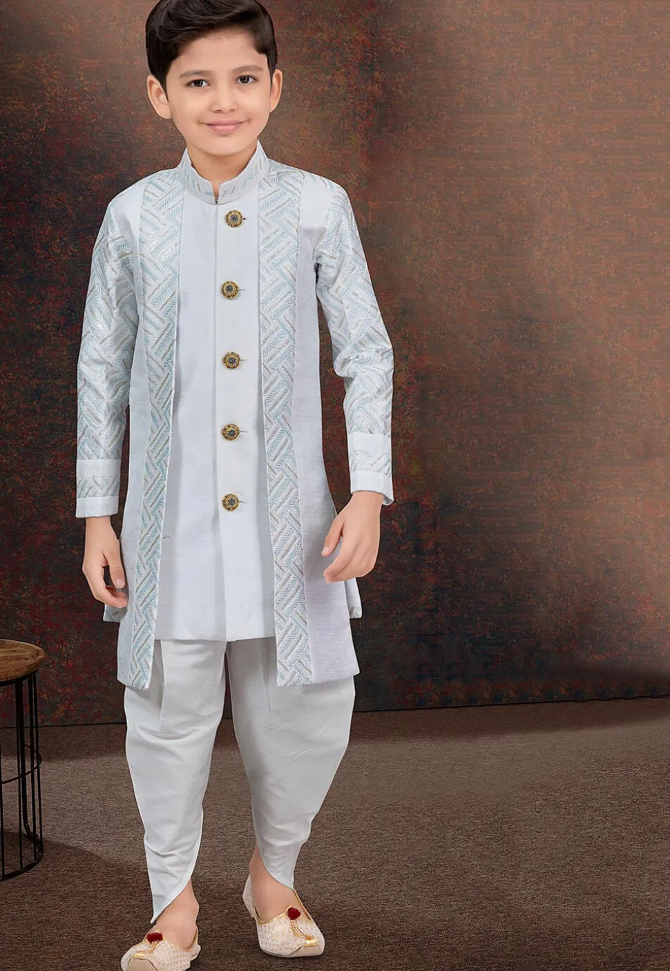 Embroidered Art Silk Sherwani in Off White
