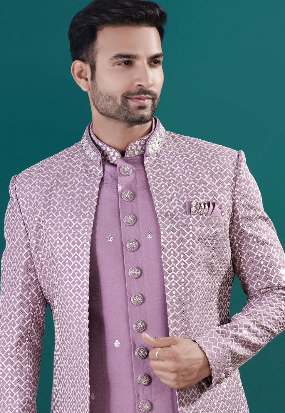 Embroidered Art Silk Sherwani in Purple