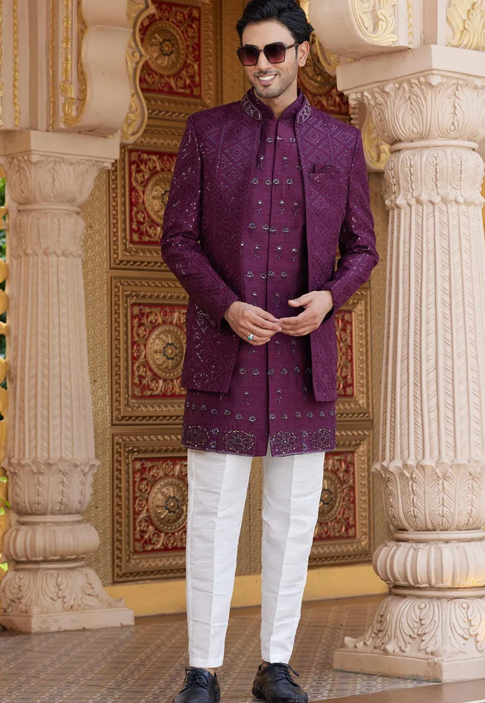 Embroidered Art Silk Sherwani in Wine