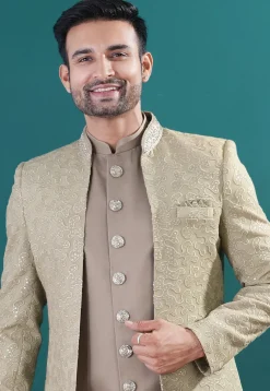 Embroidered Art Silk Sherwani in Fawn