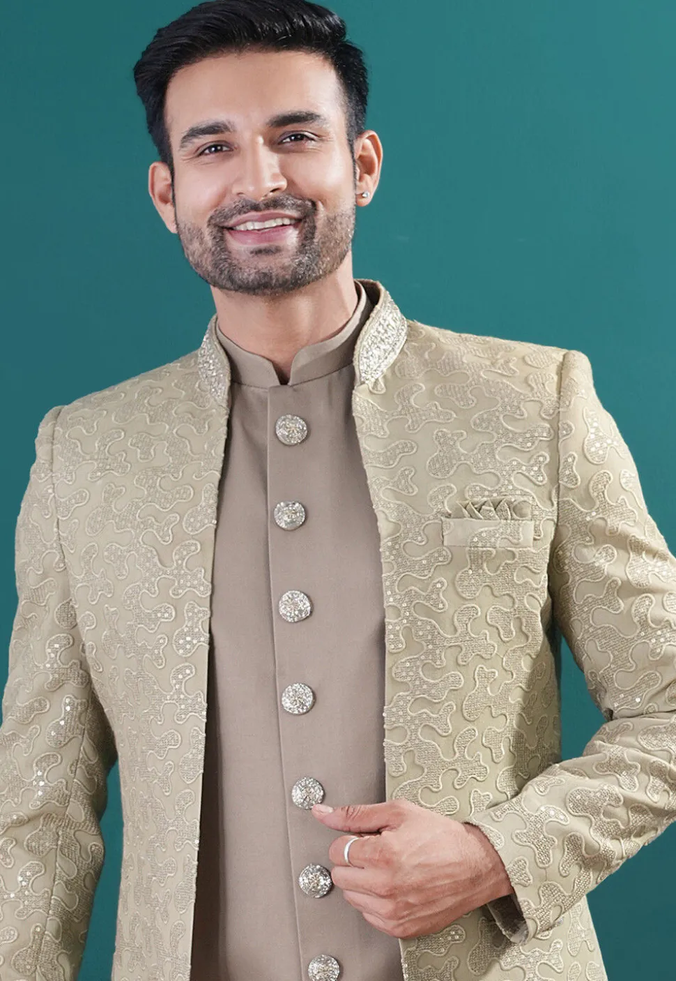 Embroidered Art Silk Sherwani in Fawn