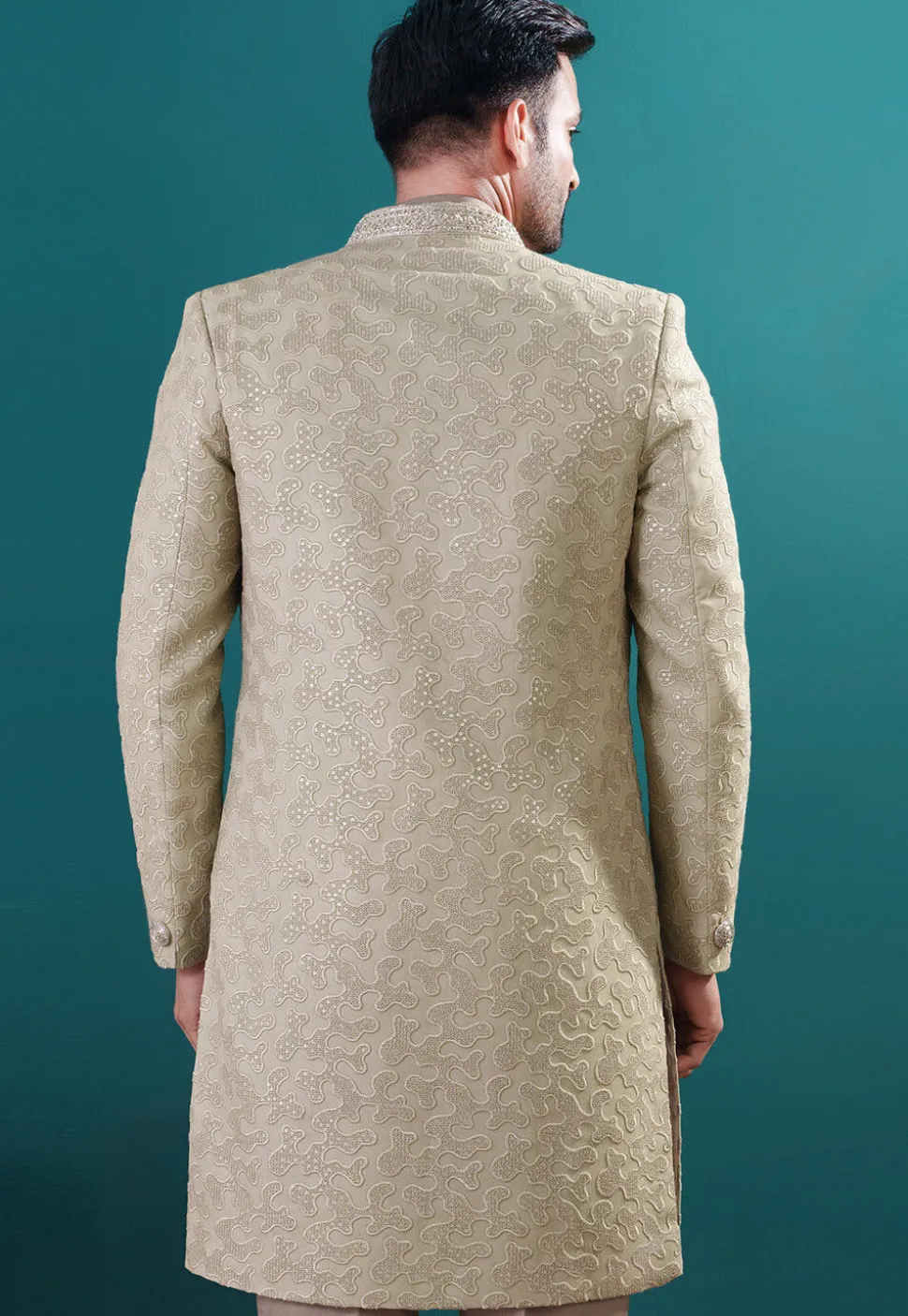 Embroidered Art Silk Sherwani in Fawn