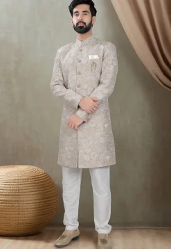 Embroidered Art Silk Sherwani in Beige